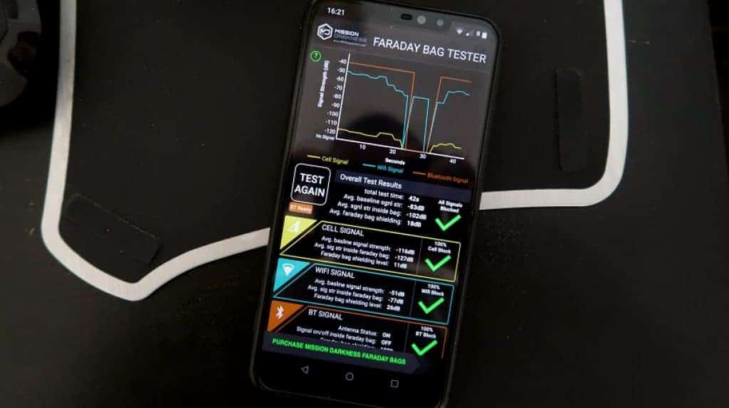 Test Faraday Bag Mission Darkness 1024x574 | Québec Preppers Résultats du test de l'application MD Faraday Bag Tester